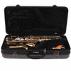 Open Yamaha hard case holding the alto saxophone, neck, mouthpiece cover, strap, and accessories. card