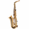 Rear three-quarter view of the Yamaha alto saxophone with gold body and silver-colored keywork. card