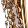 Close-up of lower Yamaha alto saxophone keys, rods, and bell-side key guard. card