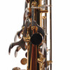 Rear view of Yamaha alto saxophone body, bell, neck, and keywork. card