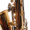 Close-up of rear lower saxophone keys, rods, and black thumb rest. card