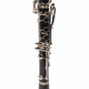 Close-up of the lower joint on a used Yamaha YCL-20 clarinet highlighting the nickel-plated keys and tone holes. card