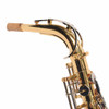 Close-up of the neck, octave key mechanism, and cork on the Yamaha YAS-200ADII alto saxophone. card