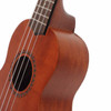 Front angled view of the Kala KA-15S soprano ukulele highlighting the satin mahogany body and decorative soundhole rosette.