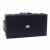 Exterior view of the blue B&S trumpet hard case with gold hardware and carrying handle. card