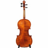 Full rear view of Ernesco Workshop violin showing highly figured two-piece maple back and neck. card