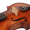 Close-up of Ernesco violin bridge, tailpiece, fine tuners, strings, and right f-hole. card