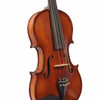 Angled front view of Ernesco Workshop violin showing spruce top, figured maple sides, bridge, and tailpiece. card