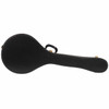 Black fitted chipboard case for Deering Goodtime banjo with carrying handle and brass-colored hardware. card