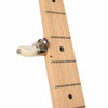 Close-up of maple fingerboard, frets, dot markers, and fifth-string tuning peg. card