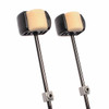 Close-up of two Pearl bass drum pedal beaters with cream striking surfaces and black housings. card