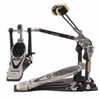 Angled view of Pearl P-2002C double bass drum pedal showing footboards, chain drives, springs, and dual beaters. card