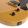 Close-up of the bridge, P-90 pickup, control knobs, and output jack on the Epiphone Les Paul Junior in TV Yellow. card