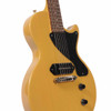 Angled front view of the Epiphone Les Paul Junior in TV Yellow showing the single-cut body and wraparound bridge. card