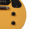 Close-up of the volume and tone control knobs on the Epiphone Les Paul Junior in TV Yellow. card