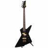 Full front view of black 1984 Ibanez Destroyer DT650 electric bass with angular body, rosewood fingerboard, and black headstock. card