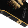 Close-up of Ibanez Destroyer bass lower body showing output jack, strap button, control knobs, bridge, and light finish wear. card