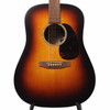 Front body close-up of the used Martin DX-2 acoustic-electric guitar with a sunburst finish, tortoiseshell pickguard, and soundhole. card