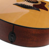 Close-up of the output jack and mahogany side of the 2007 Taylor 355ce 12-string acoustic-electric guitar. card