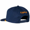 Front view of the Epiphone navy snapback cap with embroidered eagle logo and gold rope accent across the brim. card