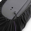 Close-up of the On Stage keyboard dust cover drawstring opening fitted over the end of a digital piano. card