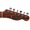 Close-up of the Fender headstock front showing the Fender logo, rosewood veneer, string tree, and tuning machines. card