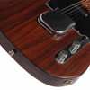 Close-up of the lower body showing a small mark in the rosewood grain, chrome bridge cover, control knobs, and output jack. card