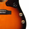 Close-up of the lower bout showing the Epiphone pickguard emblem, bridge, and onboard volume and tone controls.
