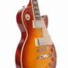 Angled front view of the Epiphone Les Paul showing the figured Washed Cherry Sunburst top, cream binding and pickguard, chrome hardware, and dual humbuckers. card