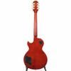 Full rear view of the Epiphone Les Paul showing the mahogany-finished body and neck, black electronics covers, and vintage-style tuners. card
