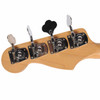 Rear view of the Fender Jazz Bass headstock showing four open-gear tuning machines. card