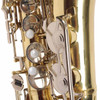 Close-up of Yamaha YAS-23 alto saxophone lower keywork, pads, and bell brace. card