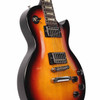 Angled front view of a 2009 Gibson Les Paul Studio electric guitar in Fireburst highlighting the carved maple top. card