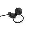 Rear view of D'Addario rechargeable clip-on chromatic tuner showing USB charging port, ball-joint mount, and padded instrument clip. card