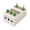 Rear angled view of Sonisfact VOS-80 overdrive station guitar effects pedal showing input, output, power jack, EQ sliders, and green control knobs. card