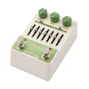 Angled top view of Sonisfact VOS-80 overdrive station guitar pedal featuring EQ sliders, drive controls, and dual footswitches. card