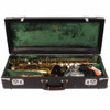 Open hard case with green lining holding the saxophone, neck, strap, and accessories. card