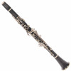 Full front view of 1963 Selmer Series 9 wooden clarinet with silver-colored keywork. card