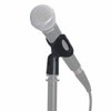Gator Frameworks handheld microphone clip holding a Shure SM58 microphone on a standard mic stand. card
