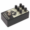 Low-angle perspective of the EarthQuaker Devices Afterneath reverb pedal showing the footswitch, LED, and six adjustable controls. card