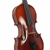 Front angled close-up of the violin body showing the bridge, f-holes, and gloss finish. card