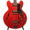 Front close-up of Epiphone 2022 150th Anniversary Sheraton semi-hollow electric guitar in Cherry with gold hardware, Bigsby vibrato, and dual humbuckers. card