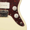Close-up of the bridge, volume and tone controls, output jack, and tortoiseshell pickguard on a Squier Paranormal Jazzmaster XII 12-string guitar. card