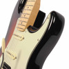 Close-up of the upper body horn and pickguard on a Fender 2019 American Professional Stratocaster HSS Shawbucker in 3-Color Sunburst. card