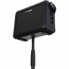 Bottom angled view of the Roland CUBE Street Mini amplifier mounted on a speaker stand using the integrated pole mount. card