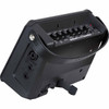 Rear angled view of the Roland CUBE Street Mini amplifier showing the carry handle, side input panel, and adjustable tilt stand. card