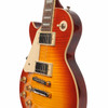 Angled front view showing the Washed Cherry Sunburst figured top, cream binding, pickguard and nickel hardware. card