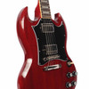 Angled front view of the Epiphone SG showing the cherry red body, black pickguard, chrome-covered humbuckers, bridge, tailpiece, and control layout. card