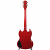 Full rear view of the Epiphone SG showing the transparent cherry body and neck, black electronics cavity cover, chrome tuners, and rear strap button. card