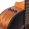 Close-up of Taylor 114ce Special Edition acoustic-electric guitar upper side showing three onboard electronics control knobs, neck joint, and natural wood finish. card